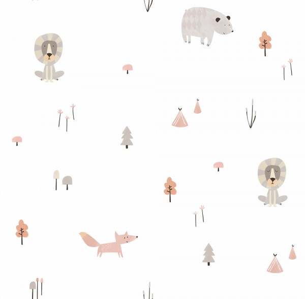 Paper-backing wallpaper forest animals white brown gray Ohlala 335030