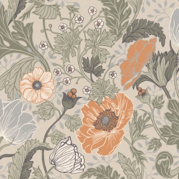 Mohnblumen Grün und apricot Vliestapete Grönhaga Rasch Textil 133001