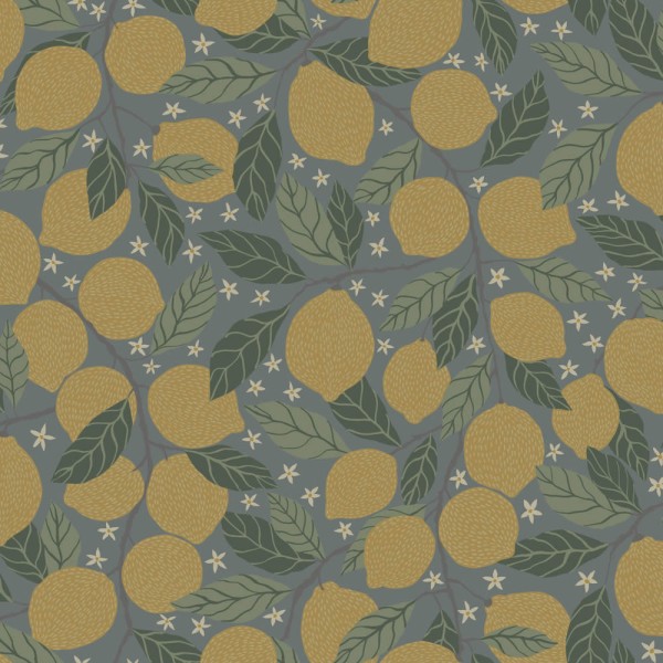 Lemon branches non-woven wallpaper blue-grey and yellow Grönhaga Rasch Textil 044132