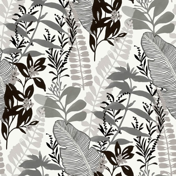 Non-Woven Wallpaper White Gray Plants Leaves Smita Good Vibes