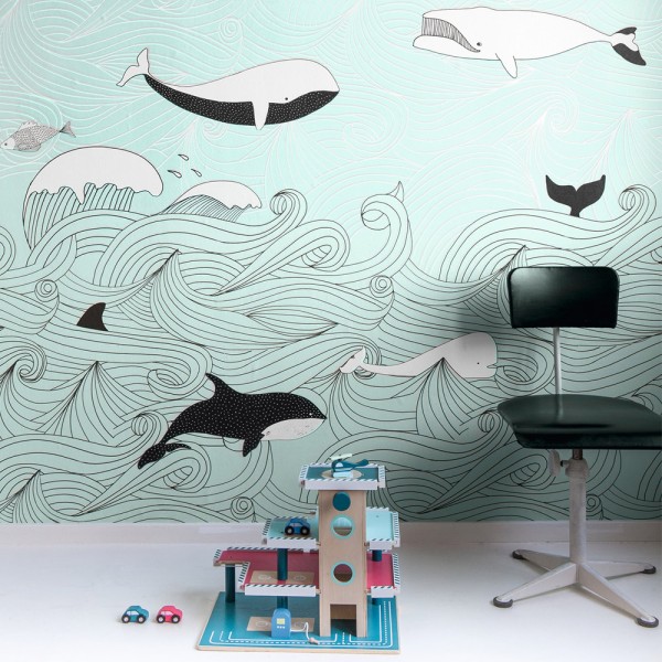 light-blue sea mural whale waves