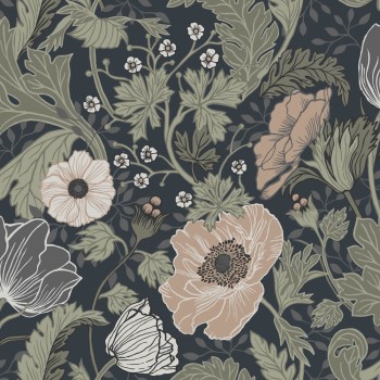 Dark blue and green non-woven wallpaper large flowers Grönhaga Rasch Textil 044103