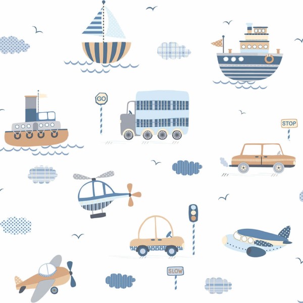 White blue and beige non-woven wallpaper airplanes Tiny Tots 2 Essener G78416