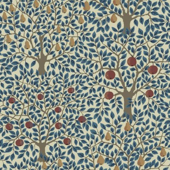 Pale green and blue non-woven wallpaper pear trees Grönhaga Rasch Textil 133013