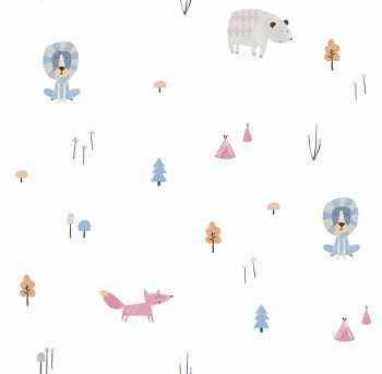 Paper-backing wallpaper white pink blue animals forest Ohlala 335020