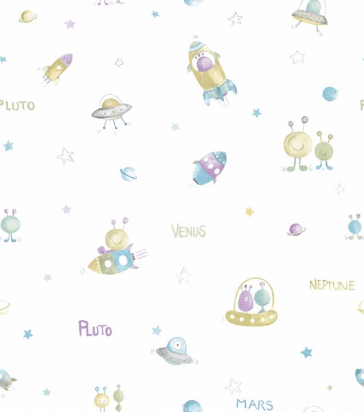 Paper-backing wallpaper white colorful aliens space Ohlala 335510