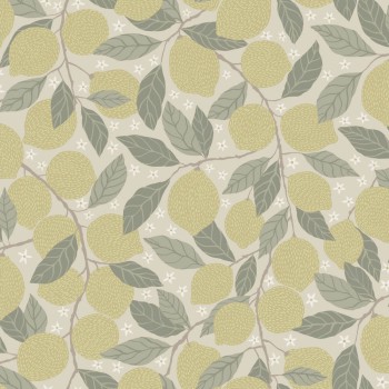 Lemons and leaves non-woven wallpaper pale yellow Grönhaga Rasch Textil 044116