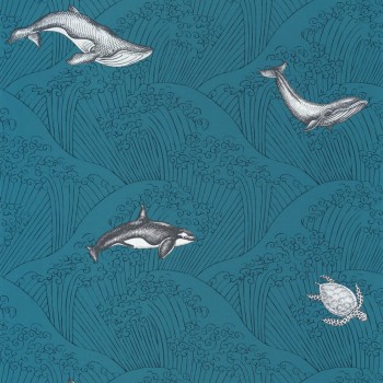 Non-woven wallpaper sea-blue whale waves Our Planet OUP102016608