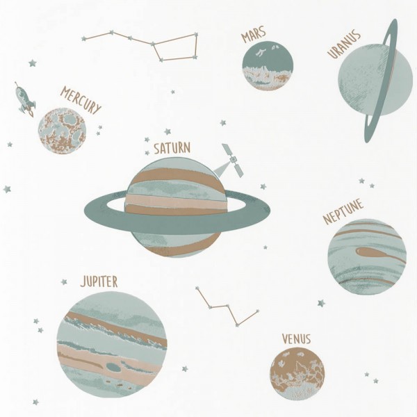 Wallpaper non-woven white green brown planets Our Planet