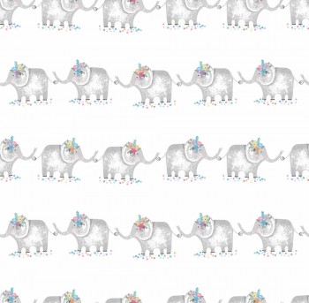 Paper-backing wallpaper elephants gray colorful flowers Ohlala 335110