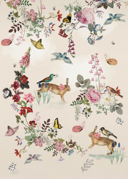 Vlies Wandbild Vintage Beige Tiere Blumen INK7621