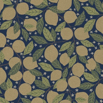 Dark blue and beige non-woven wallpaper lemons Grönhaga Rasch Textil 044118