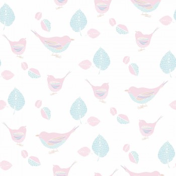 Non-woven wallpaper birds pink