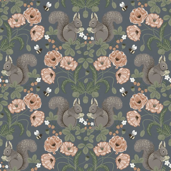 Squirrels and flowers non-woven wallpaper blue-grey and apricot Grönhaga Rasch Textil 044122