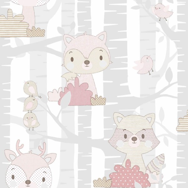 Rakun white and pink wallpaper Mondobaby Rasch Textil 113012