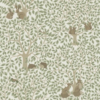 Trees and foxes non-woven wallpaper cream and pale green Grönhaga Rasch Textil 044111