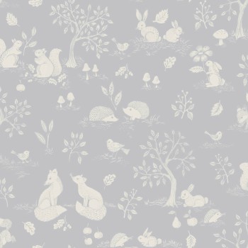 Pale blue non-woven wallpaper foxes and hedgehogs Grönhaga Rasch Textil 044128