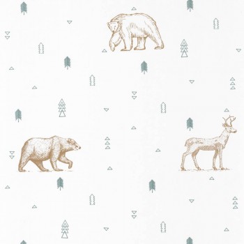 Non-woven wallpaper animals forest white green brown Our Planet