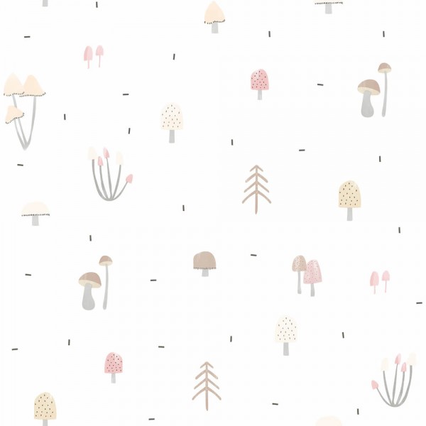 Paper-backing wallpaper white pink mushroom motifs Ohlala 335220