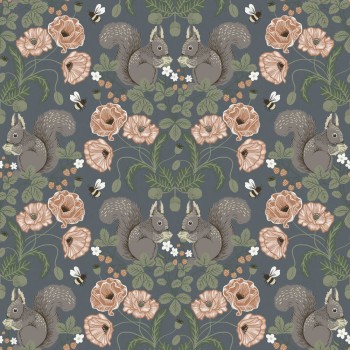 Squirrels and flowers non-woven wallpaper blue-grey and apricot Grönhaga Rasch Textil 044122