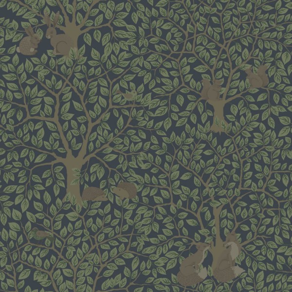 Leaves and animals non-woven wallpaper dark blue and green Grönhaga Rasch Textil 044115