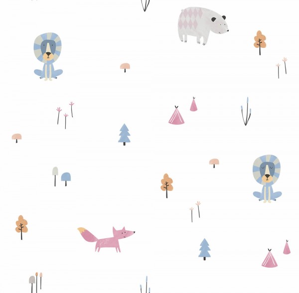 Paper-backing wallpaper white pink blue animals forest Ohlala 335020