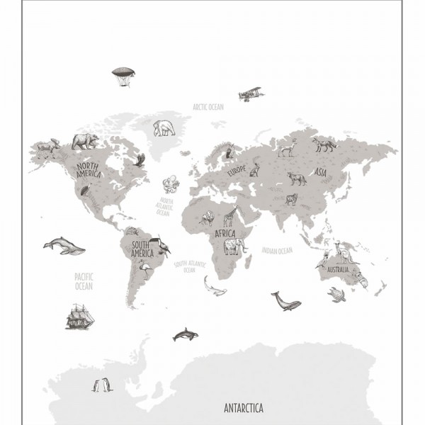 Mural gray world map animals Our Planet OUP102039918