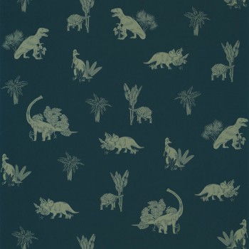 Wallpaper non-woven dark blue green dinosaurs Our Planet