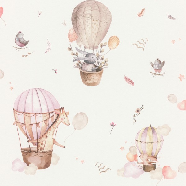 Vliestapete pastellfarbene Heißluftballons Giraffe Hase Beige Rosa 300529_L