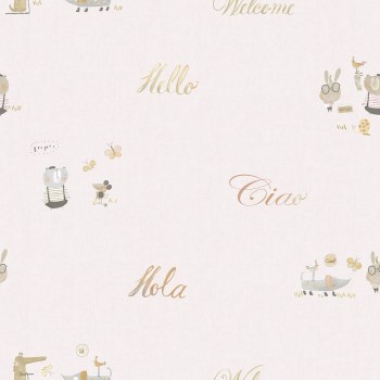 Paper-backing wallpaper cream-white animals font green-yellow Ohlala