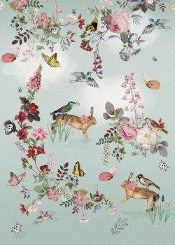 Mural non-woven light gray colorful flowers animals INK7620