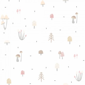 Paper-backing wallpaper white pink mushroom motifs Ohlala 335220