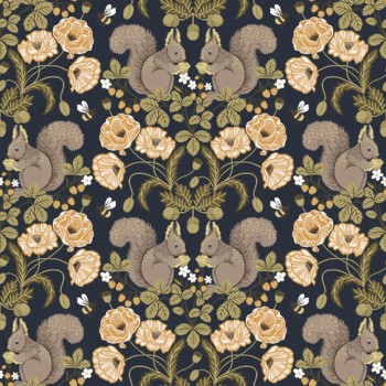 Flowers and squirrels non-woven wallpaper dark blue Grönhaga Rasch Textil 044123