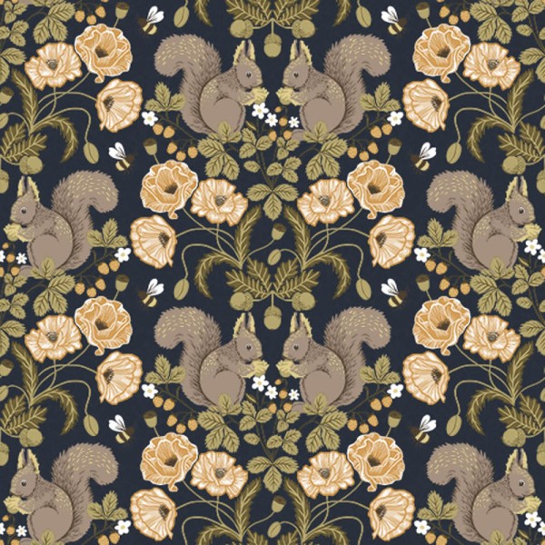 Flowers and squirrels non-woven wallpaper dark blue Grönhaga Rasch Textil 044123